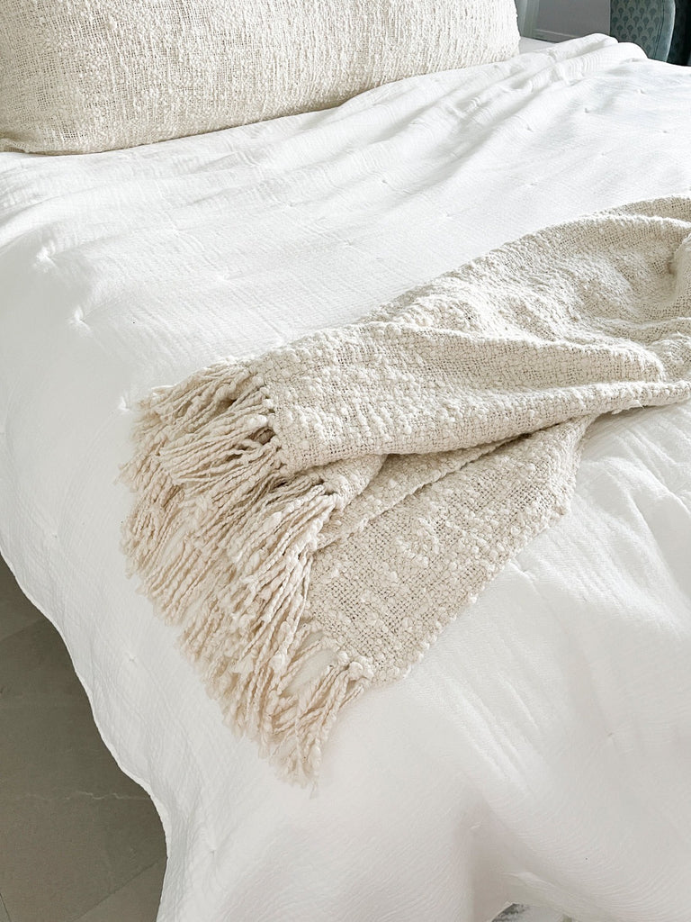 Cozy Cotton Boucle Fringe Throw - White