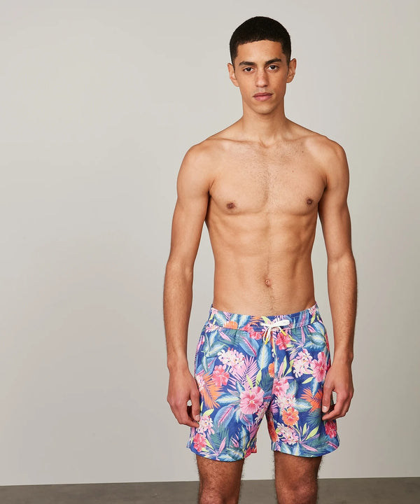 Hibiscus Print Swim Shorts - Royal Blue