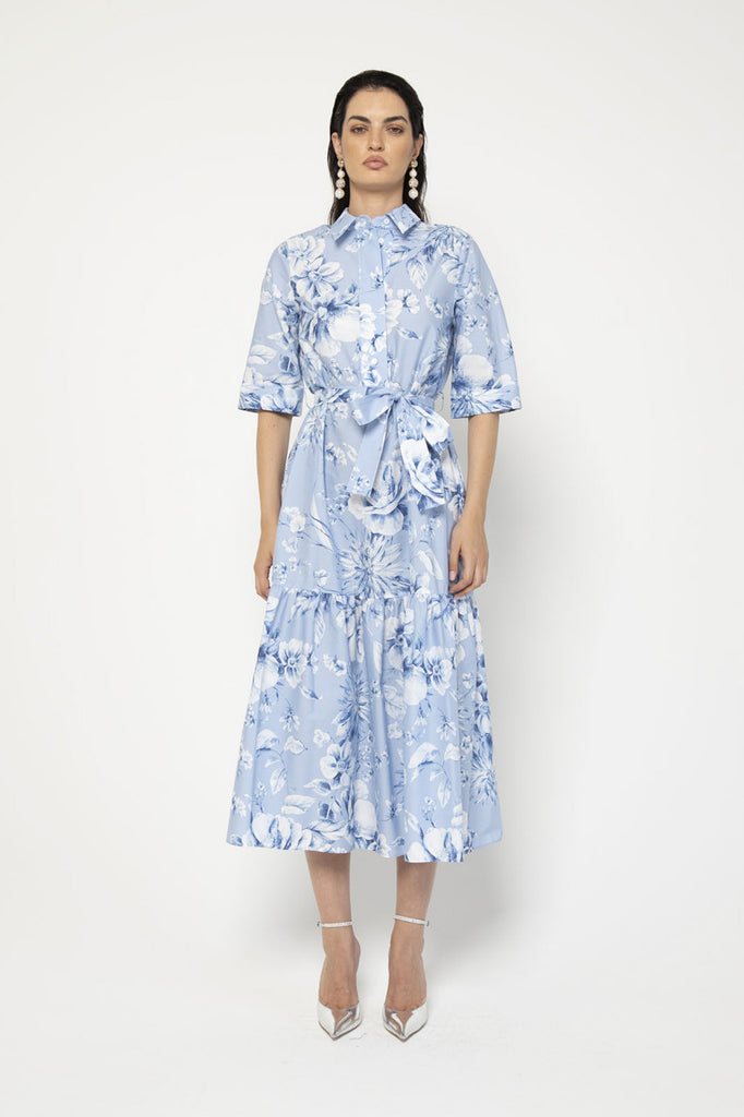 zara floral dress FLORAL POPLIN SHORT DRESS - Sky blue