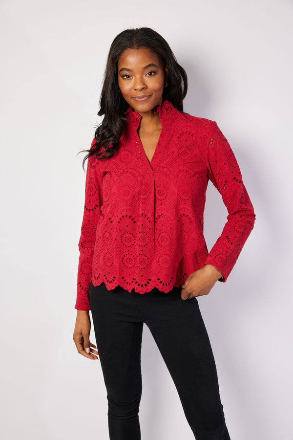 Eyelet Scalloped Hem Top - Chili Pepper