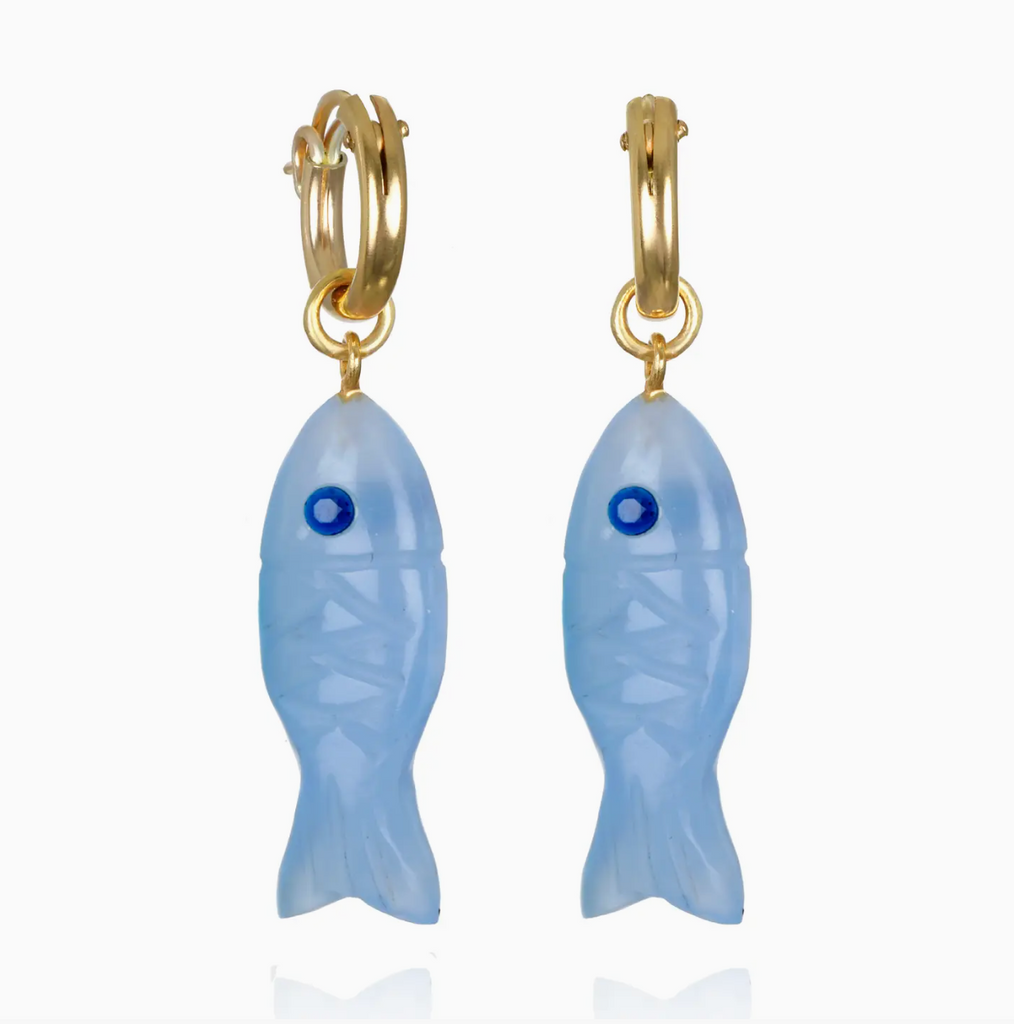 Carved Stone Fish Huggies - Blue Chalcedony