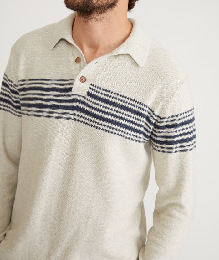 Ellias Chest Stripe Sweater Polo - Pearl/ Dark Indigo