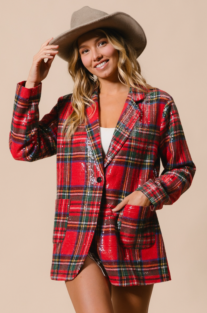 Brushed Plaid Sequin Patch Blazer - Red