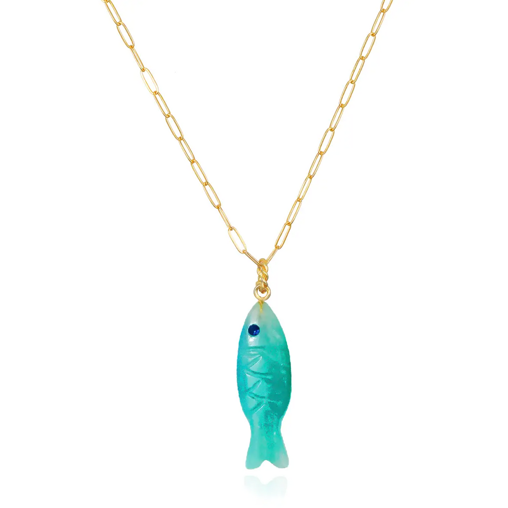 Natural Stone Fish Charm Necklace - Amazonite