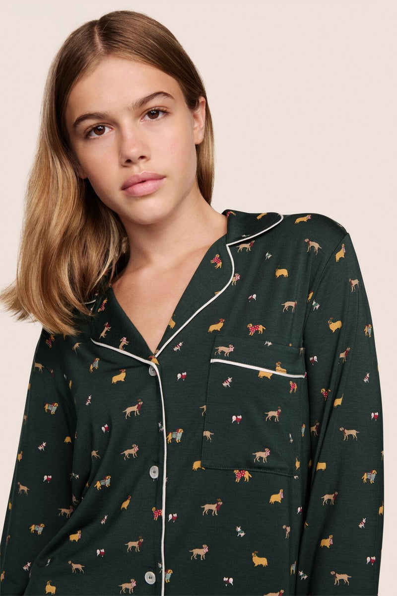 Gisele Printed Long Sleeve PJ Set - Holiday Dogs Pine/Ivory