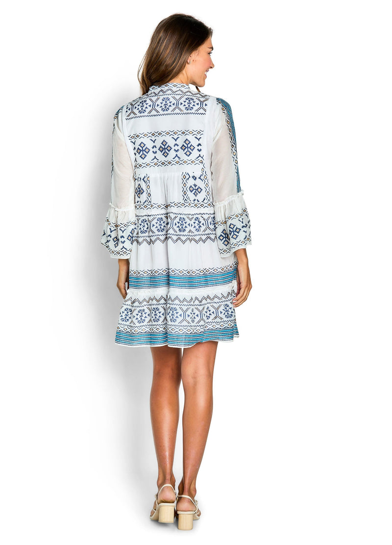 Aztec Bell Sleeve Dress - White