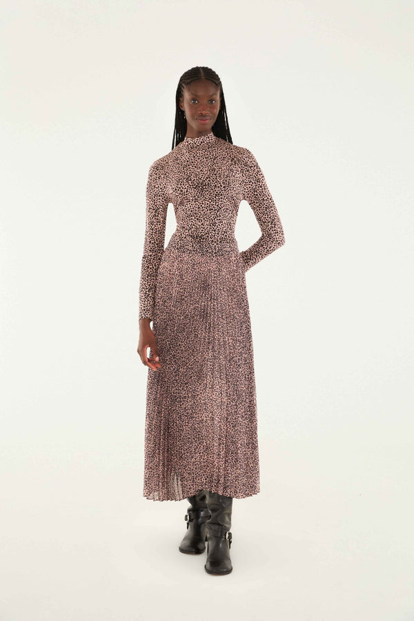 Baby Pink Leopard Pleated Maxi Skirt