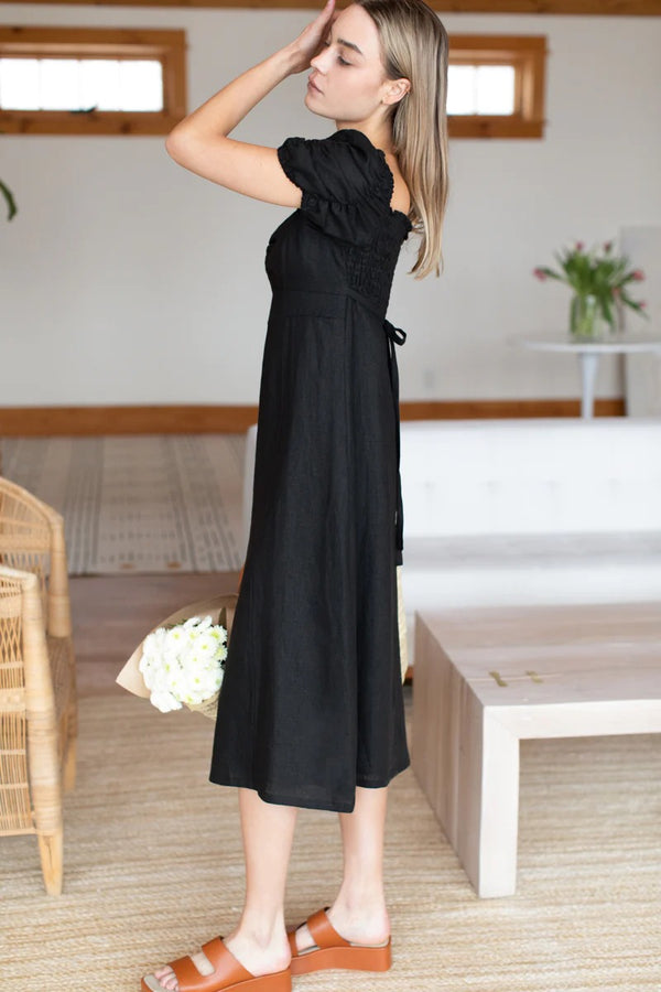 Gathered Sleeve Dress - Black Linen
