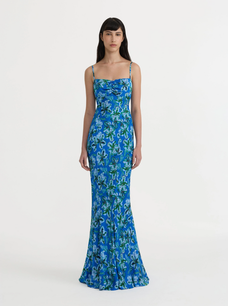 Saloni Renee Long Dress - Waterlily Azure