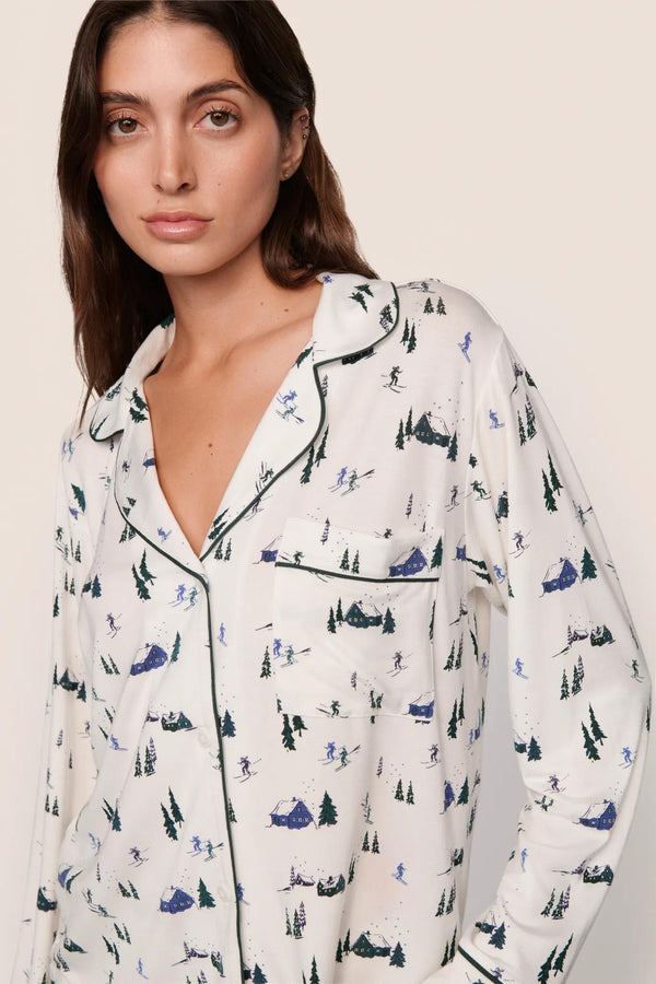 Gisele Printed Long Sleeve PJ Set - Ski Chalet Ivory/Pine