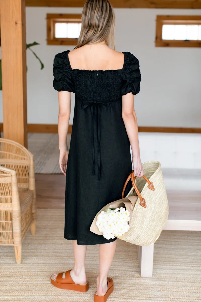Gathered Sleeve Dress - Black Linen