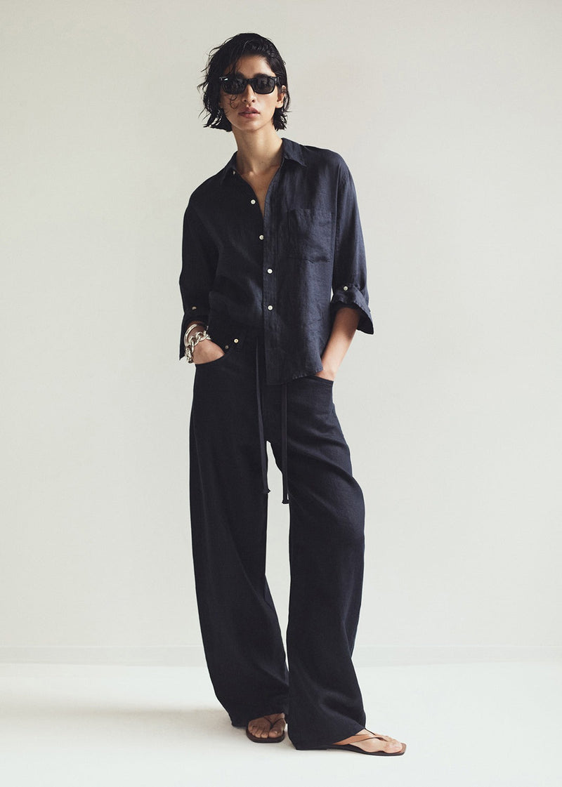 Brynn Drawstring Linen Trouser - True Navy