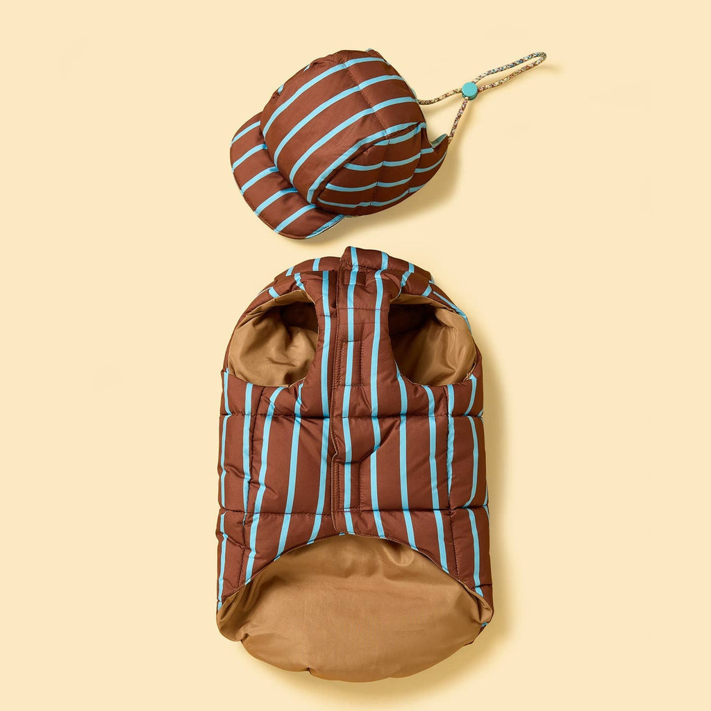 Chelsea Striped Down Dog Parka Jacket & Trapper Hood
