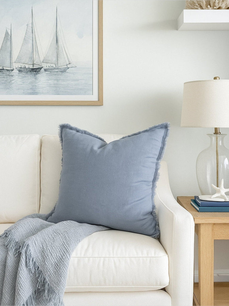 Chambray Blue Fringe Linen Pillow - 20 x 20