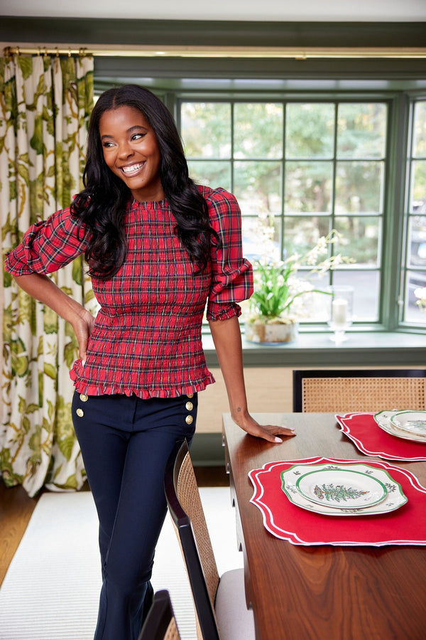 Tartan Long Sleeve Smocked Top - Red