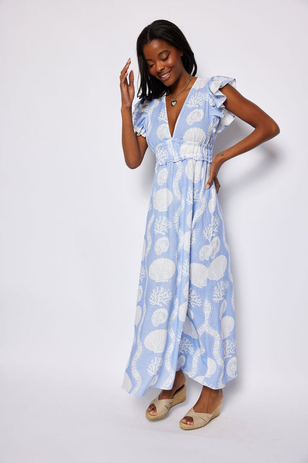 V-Neck Flutter Sleeve Maxi - Hydrangea Sea Stripe