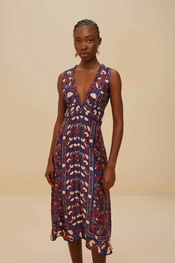 Navy Blue Boho Floral Scarf Midi Dress