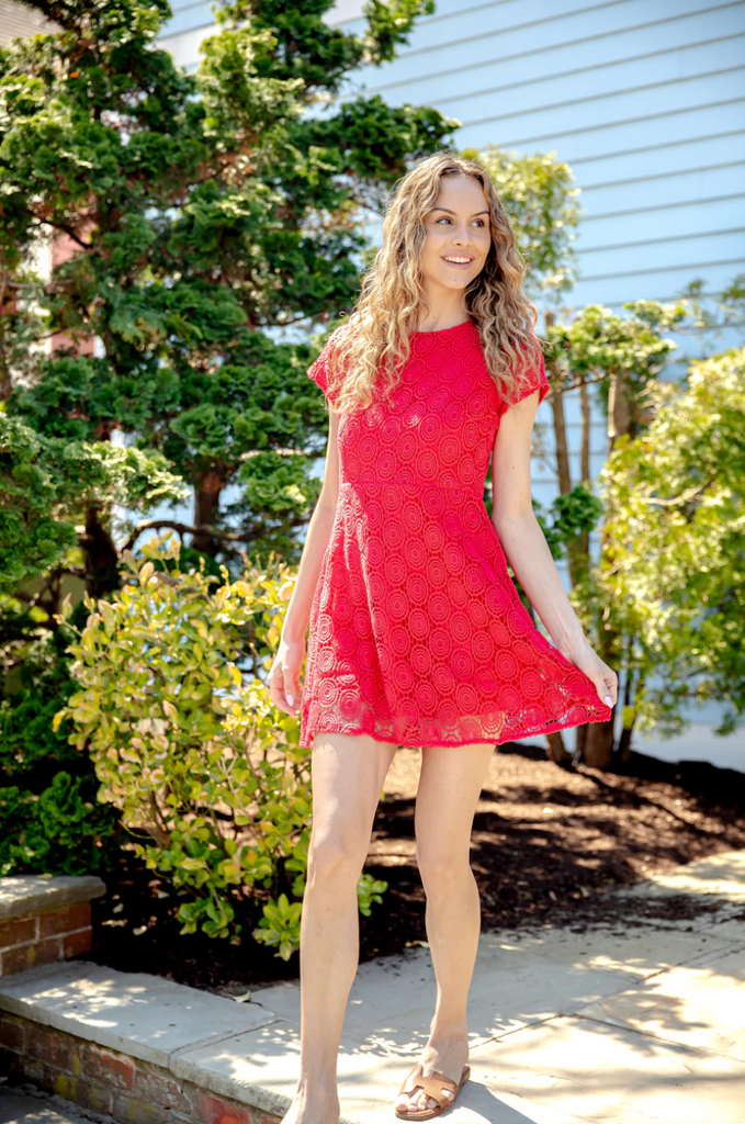 Eyelet Zip Back Dress - Red Flame