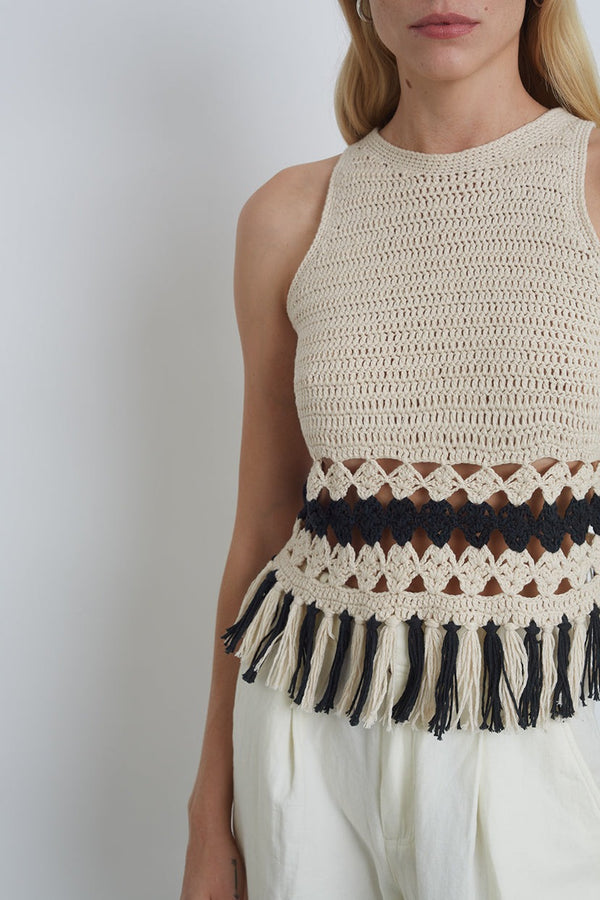 Marie Crochet Tank - Ivory/Black