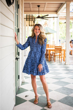 Long Sleeve Tunic Flare Dress - Tropical Block Print