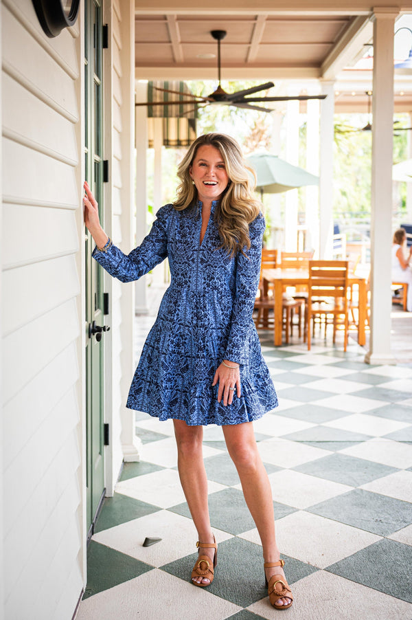 Long Sleeve Tunic Flare Dress - Tropical Block Print