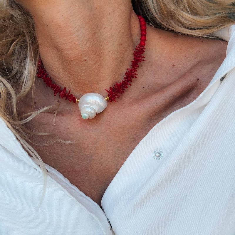 Red Coral Chips Shell Choker