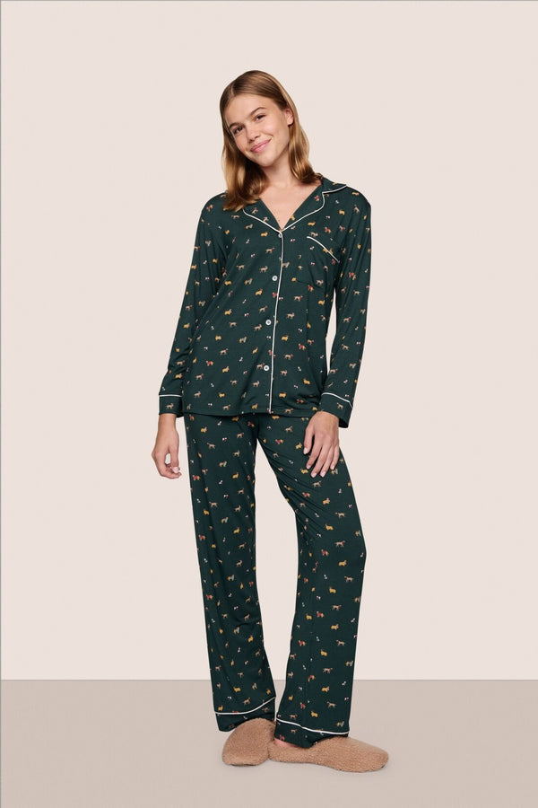 Gisele Printed Long Sleeve PJ Set - Holiday Dogs Pine/Ivory
