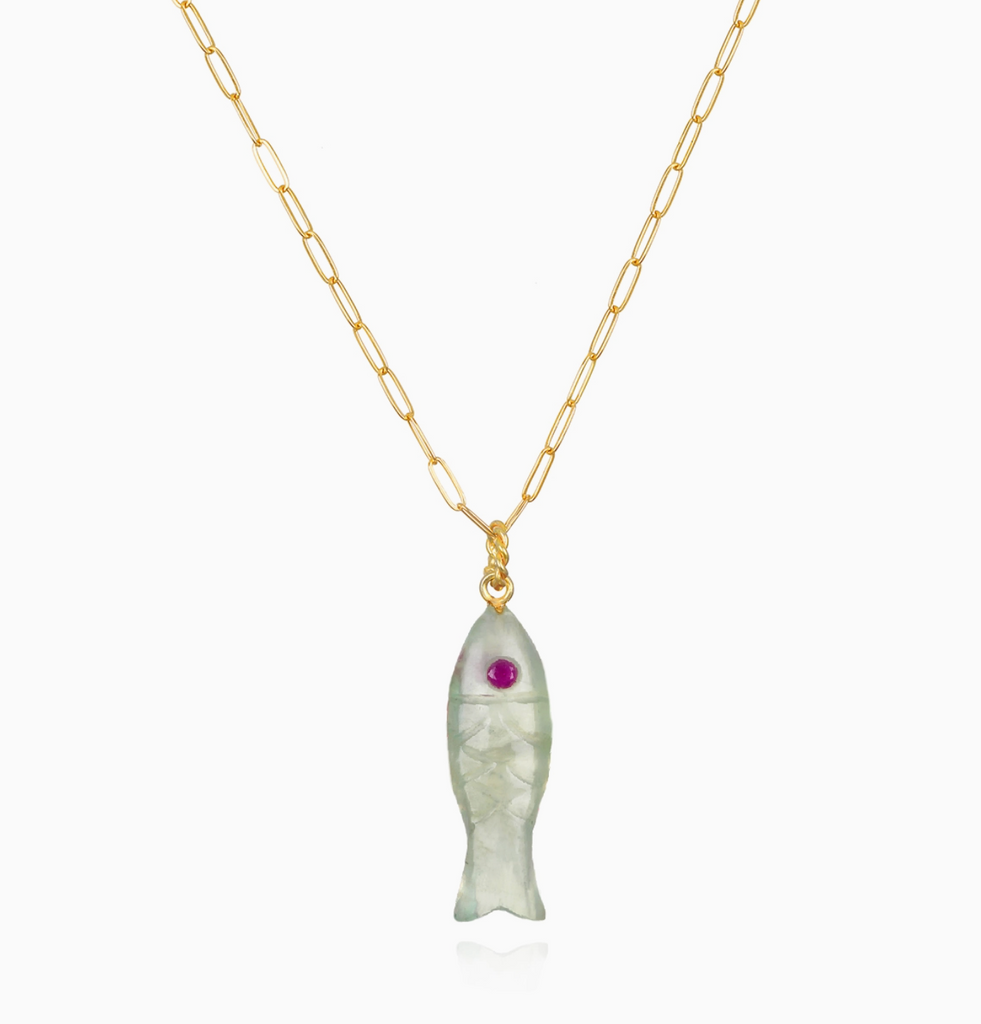 Natural Stone Fish Charm Necklace - Prehnite