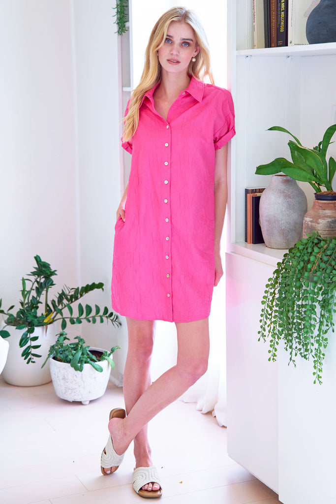 Textured Roll Sleeve Camp Dress - Pink