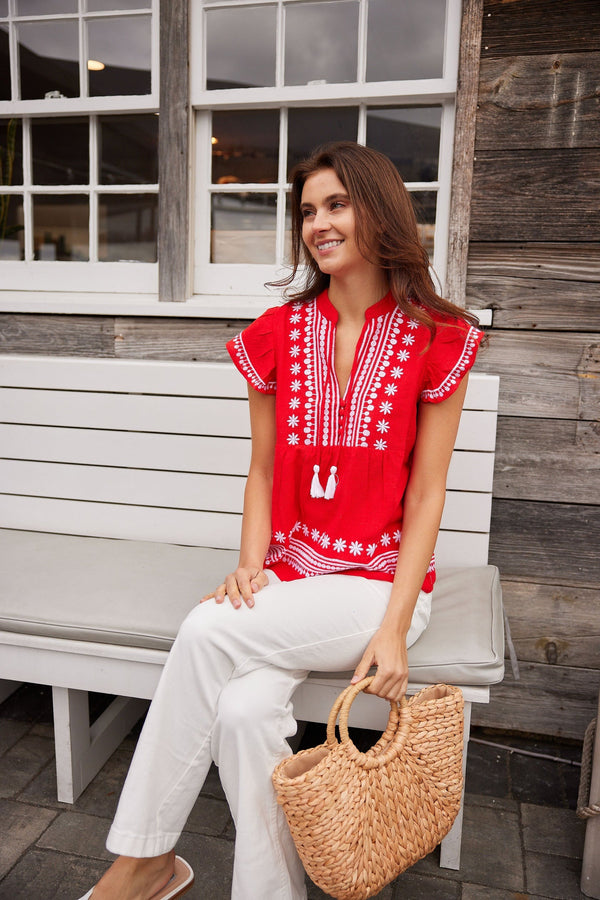Tomato Embroidered Ruffle Front Top