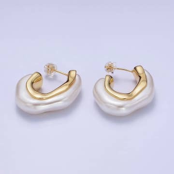 24K Gold Filled 30mm Shell Pearl Geometric J-Shaped Earrings