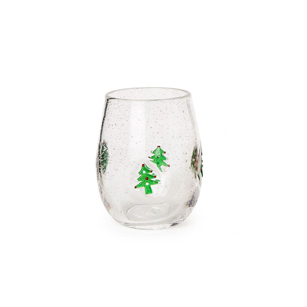 Holiday Tree Clear Bubble Stemless Wine Glass Set