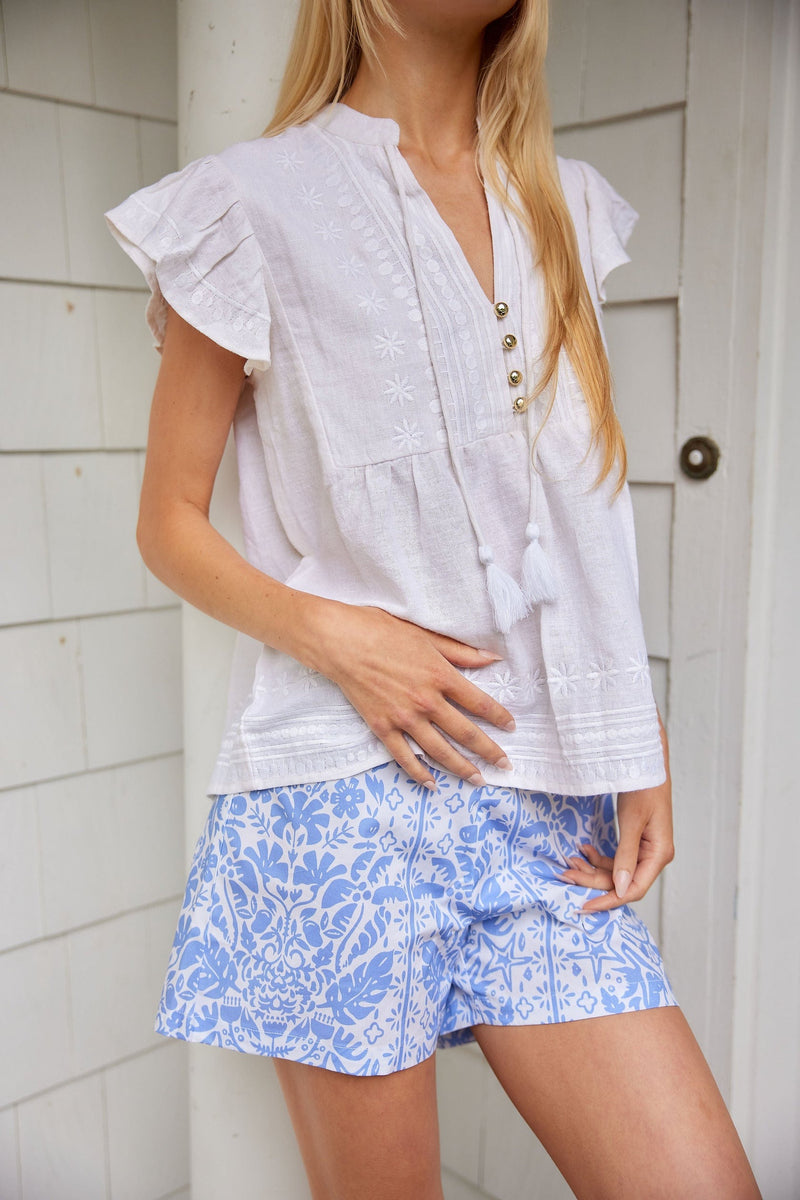 Embroidered Flutter Sleeve Top - White