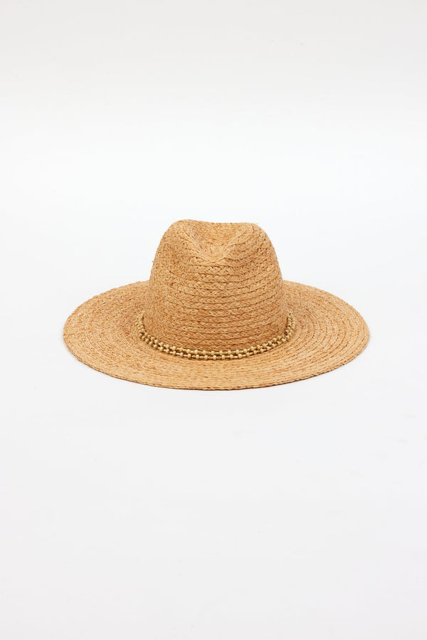 Raffia Braid Continental Hat - Natural/Gold Bead