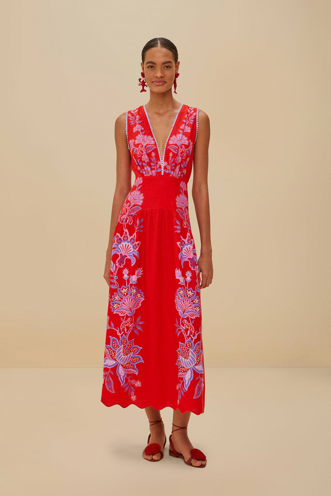 Red Porcelain Garden Midi Dress