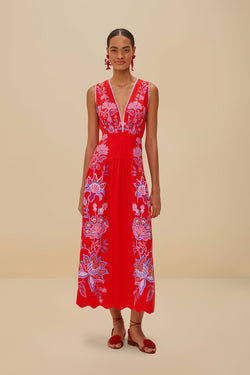 Red Porcelain Garden Midi Dress