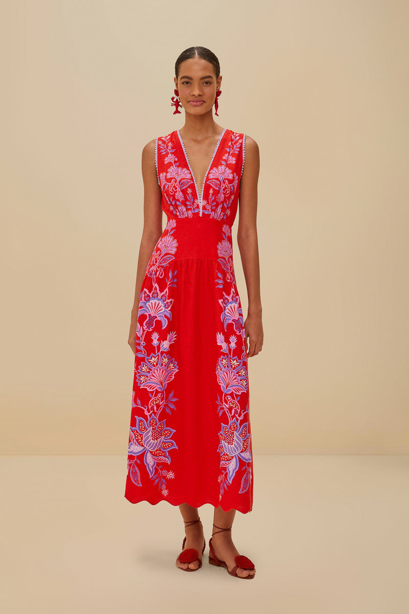 Red Porcelain Garden Midi Dress