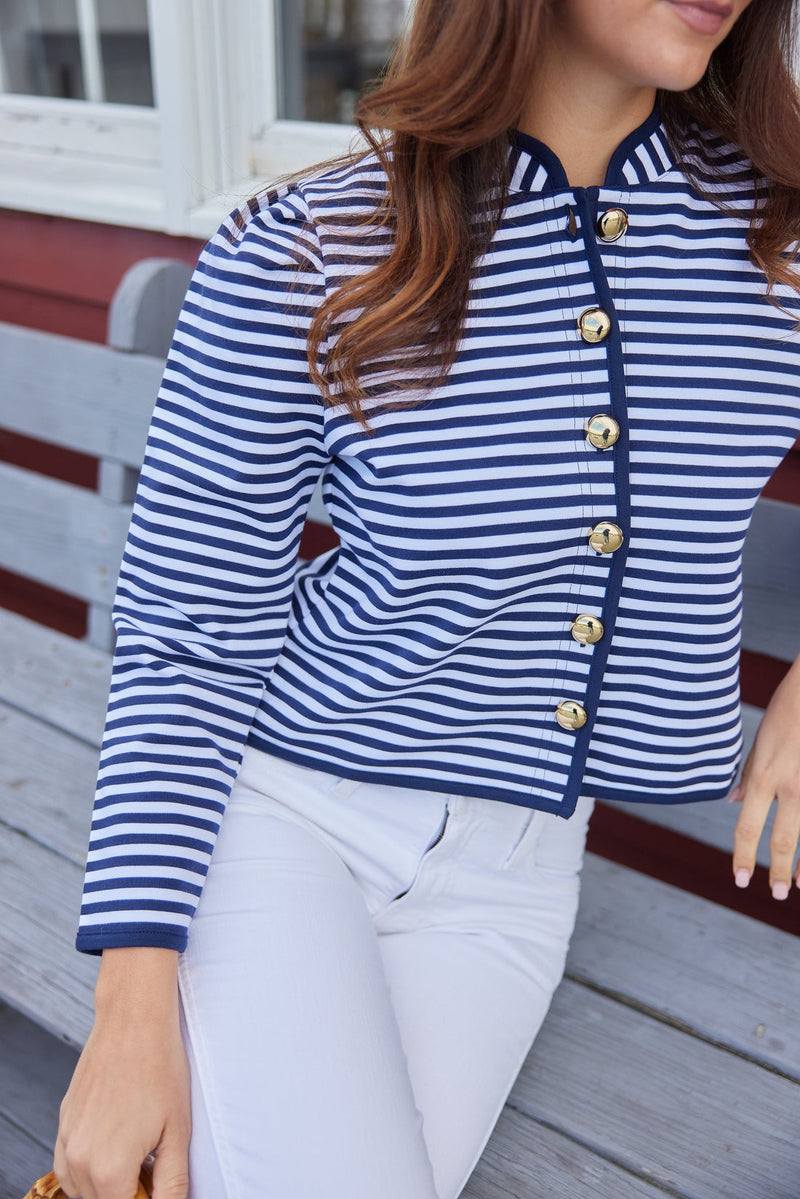 Button Front Stripe Mini Jacket - Navy/White