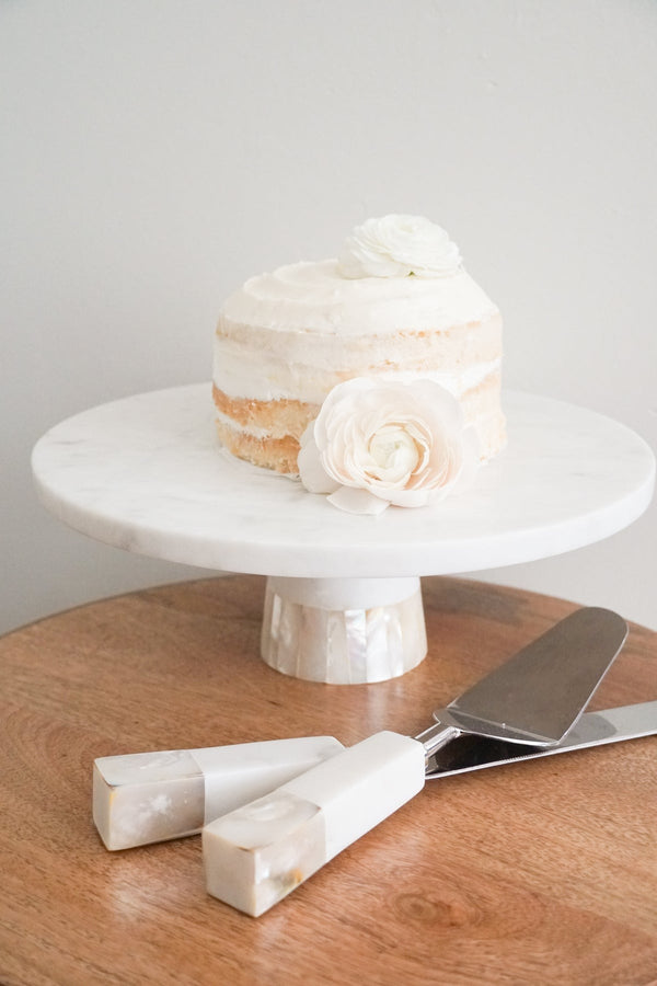 Anaya White Mother Of Pearl Marble Cake Knife Server Set