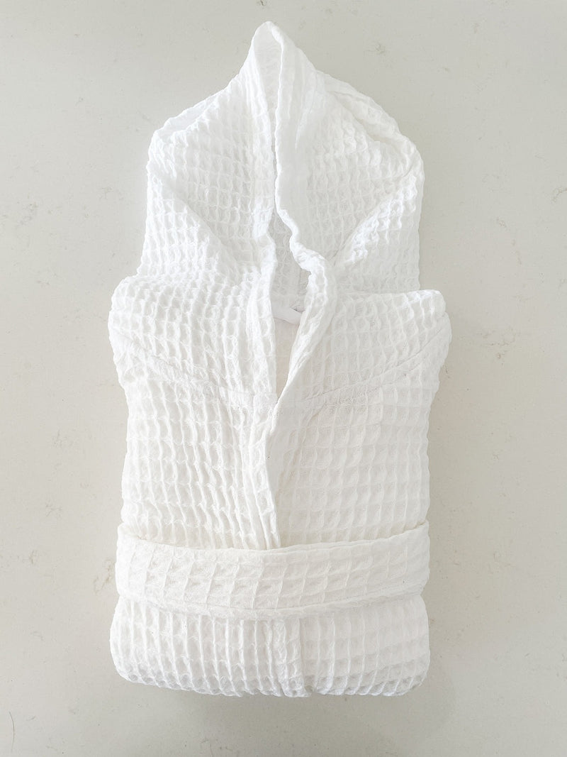 Turkish Cotton Waffle Hooded Robe - White