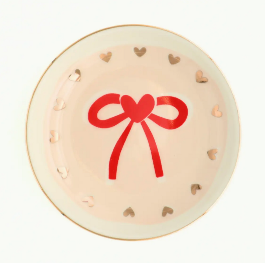 Red Bow & Gold Heart Round Trinket Tray
