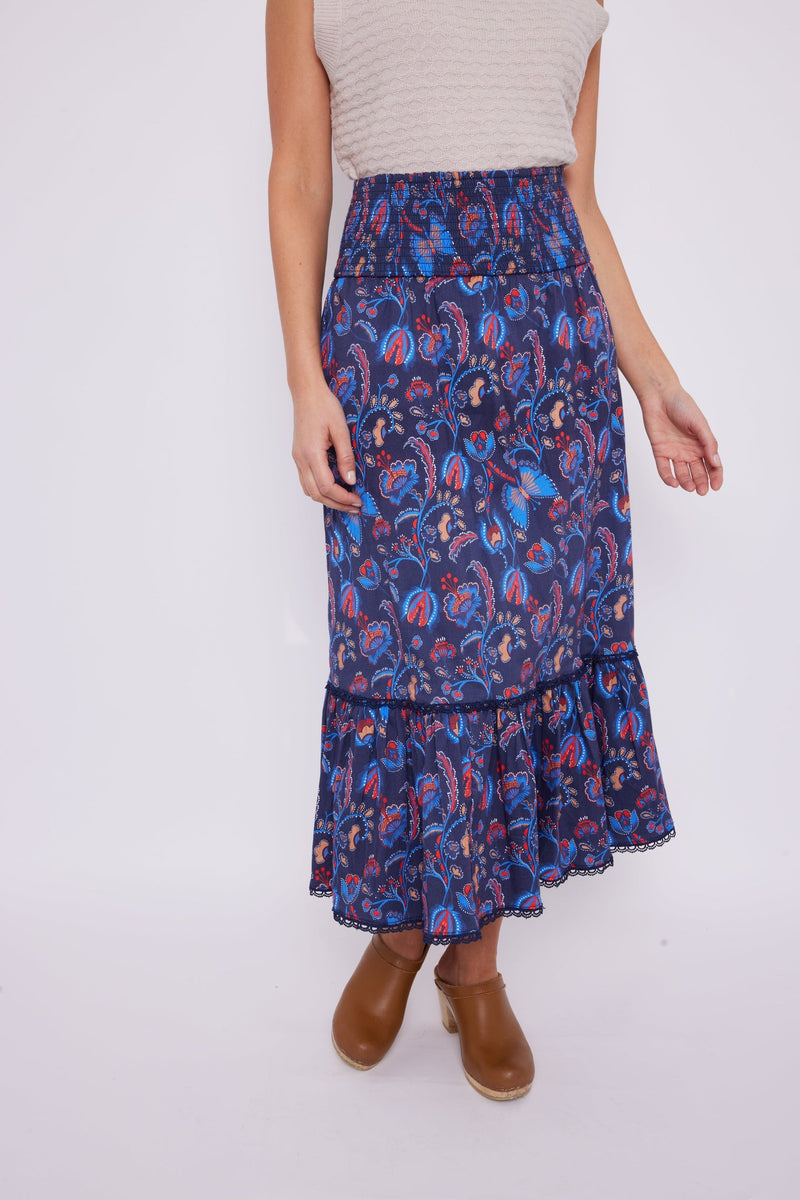 Smocked Waist Midi Skirt - Aztec Floral