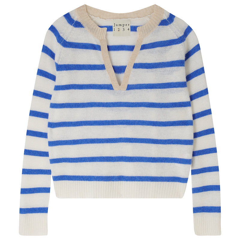 Jumper 1234 Stripe Open Collar Sweater - Oatmeal/Periwinkle