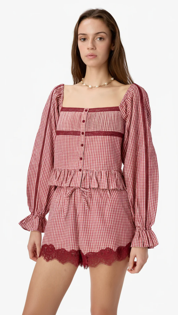 Cassandra Mid Rise Silk Cotton Short - Berry Gingham