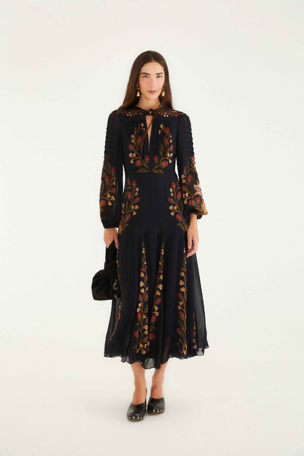 Black Berry Garden Long Sleeve Pleated Maxi Dress
