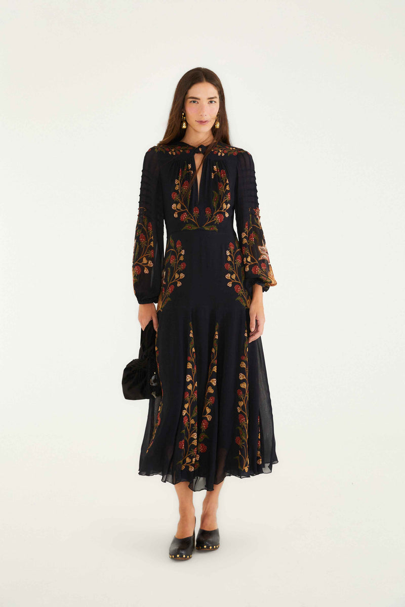 Black Berry Garden Long Sleeve Pleated Maxi Dress