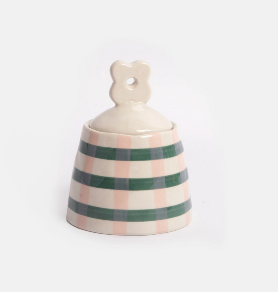 Pink & Teal Check Flower Stoneware Jar