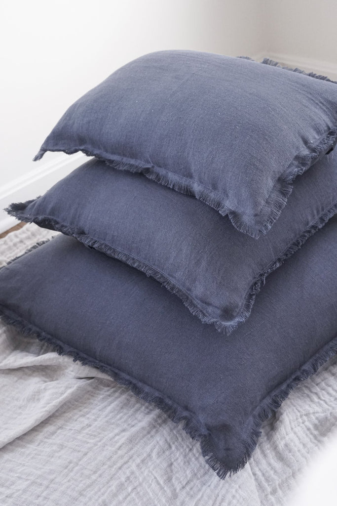 Soft Navy Blue Fringe Linen Pillow - 20 x 20