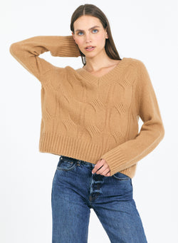 Mabel Cable V-Neck Pullover - Chestnut