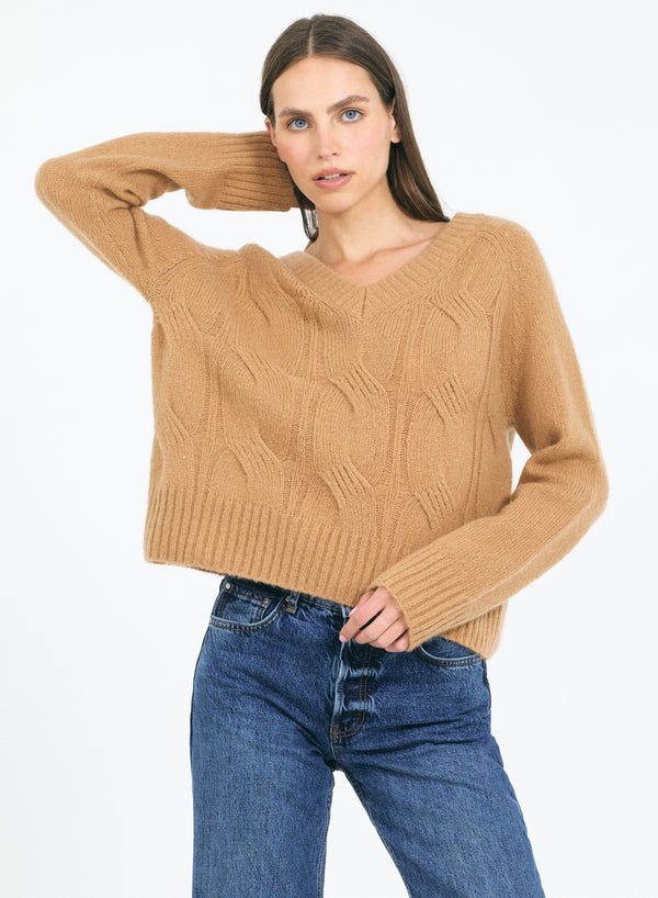 Mabel Cable V-Neck Pullover - Chestnut